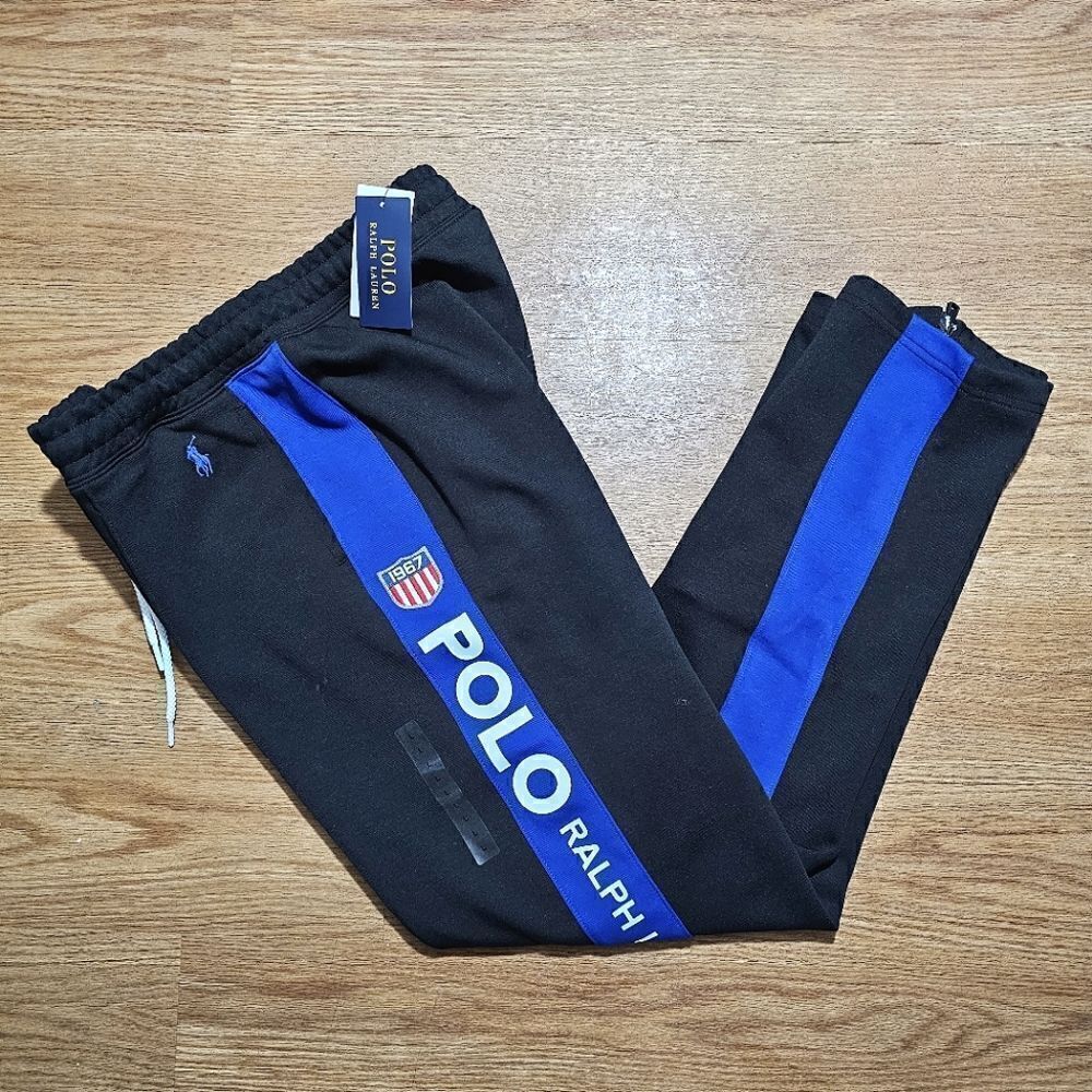 Polo Ralph Lauren 1967 Double Knit Track Pant Women's M Black Blue USA Flag Logo